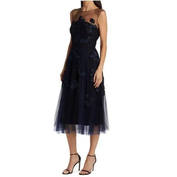 Carolina Herrera Navy Beaded And Appliqued Tulle Mid Length Dress